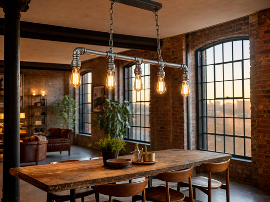 Shadwell Industrial 5-Light Waterpipe Ceiling Bar above rustic dining table in converted warehouse