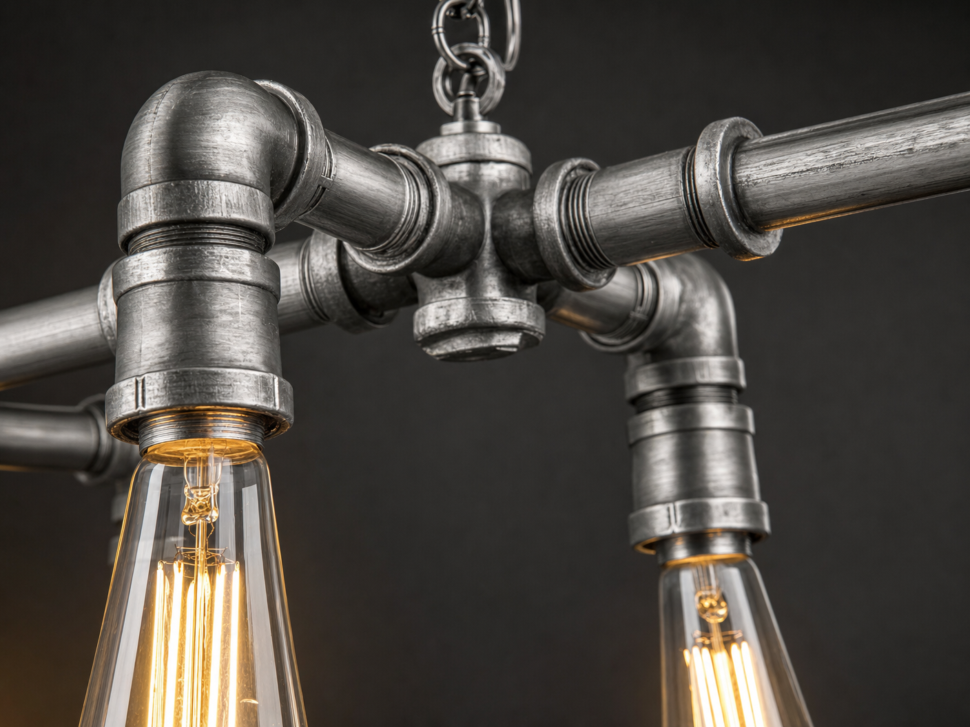 Close-up detail of Shadwell waterpipe fittings and Edison bulbs