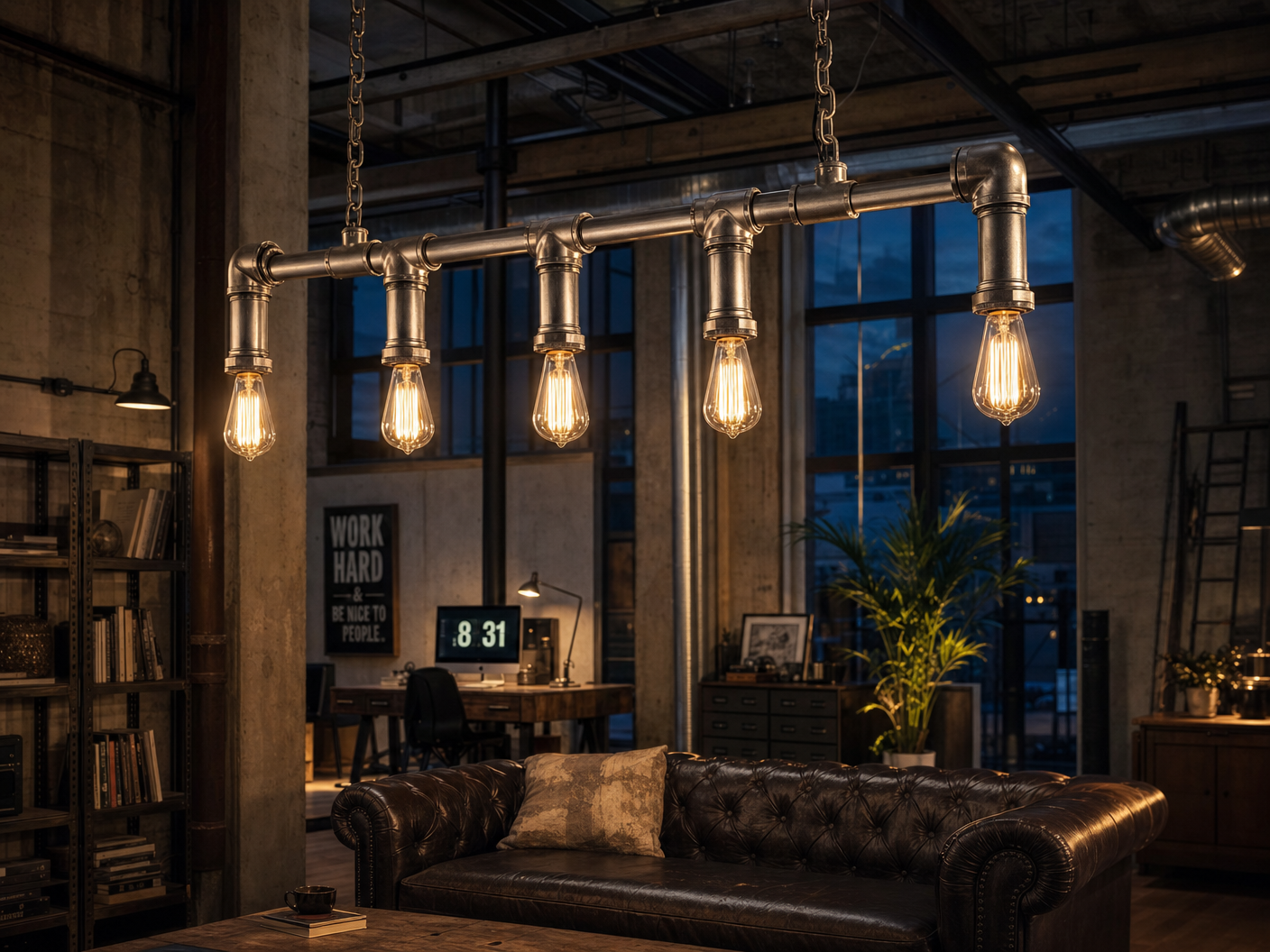 Shadwell Industrial 5-Light Waterpipe Ceiling Bar in creative loft workspace