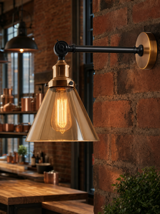 Shoreditch amber glass cone industrial wall sconce mounted on exposed brick in a warehouse kitchen