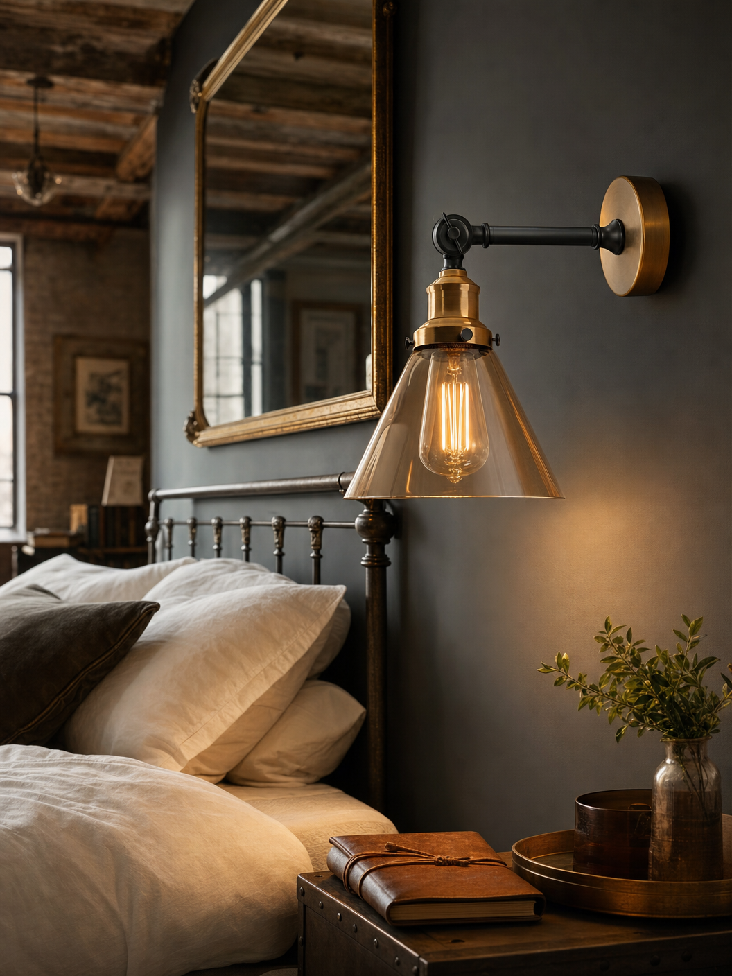 Shoreditch amber glass wall sconce casting warm light beside a bed in a refined loft bedroom