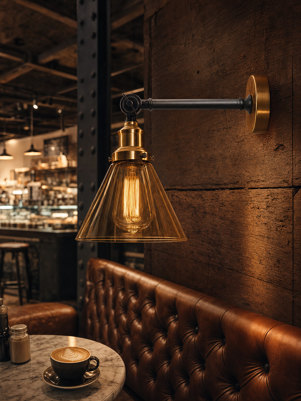 Shoreditch amber glass cone wall sconce on dark wood panelling in a trendy cafe setting