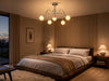 Solace sculptural 5-light semi-flush ceiling lamp glowing in a serene primary bedroom at twilight with linen bedding
