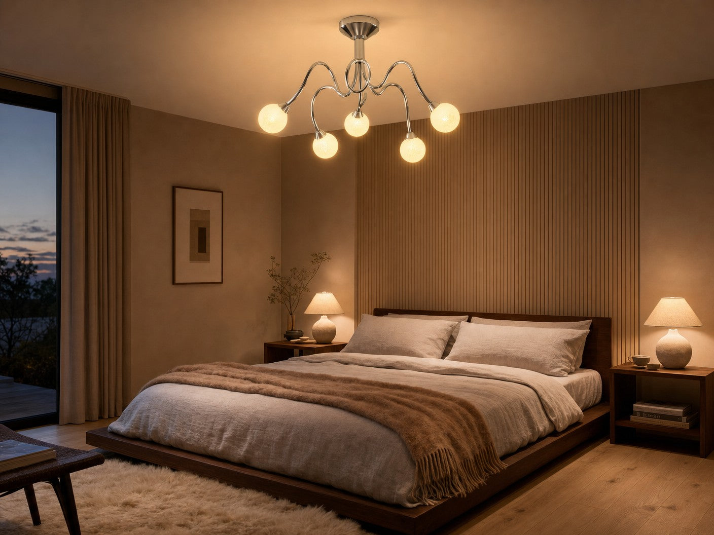 Solace sculptural 5-light semi-flush ceiling lamp glowing in a serene primary bedroom at twilight with linen bedding