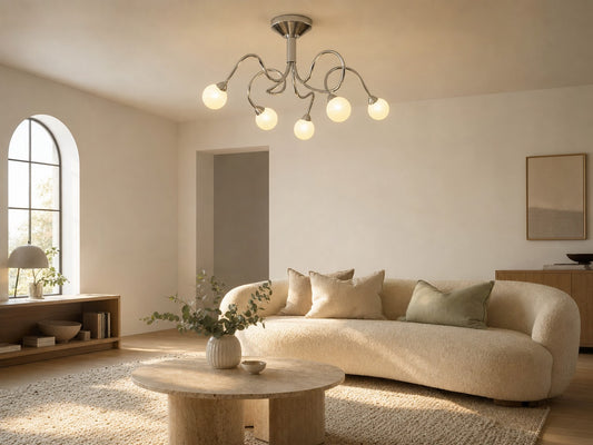 Solace sculptural 5-light semi-flush ceiling lamp in a calm Scandinavian sitting room with boucle sofa at golden hour