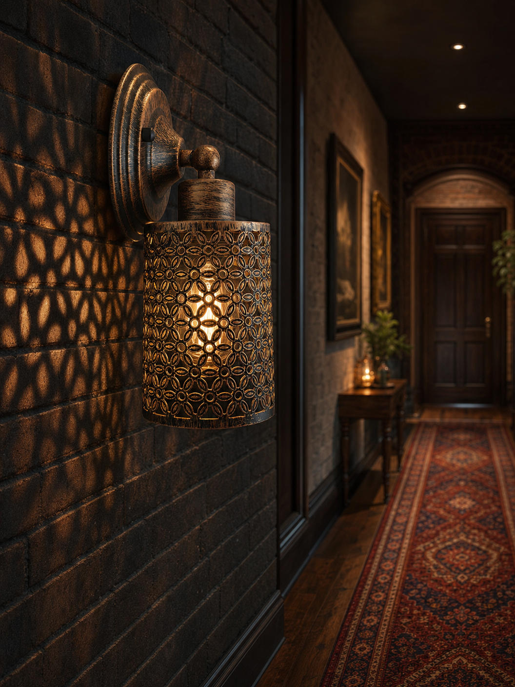 Spitalfields ornate perforated copper wall sconce casting floral shadow patterns on dark brick wall in a refined hallway