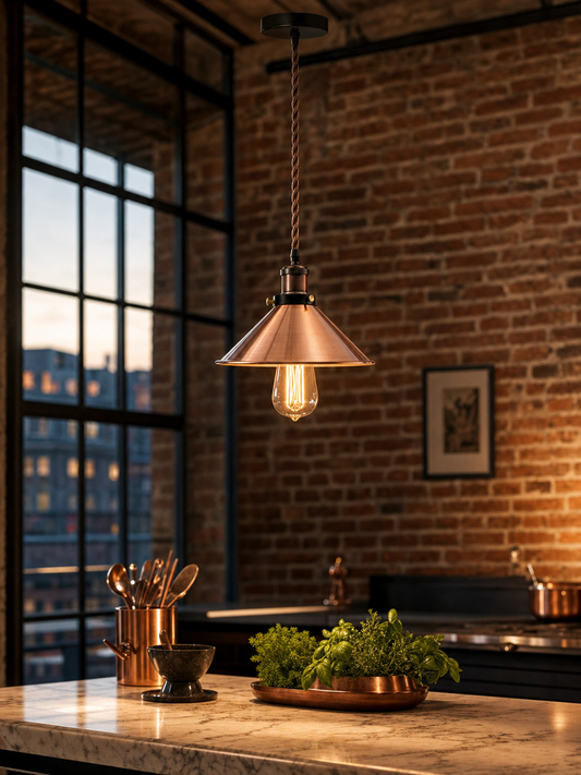 Wapping copper cone pendant light hanging above a marble kitchen island in an industrial warehouse