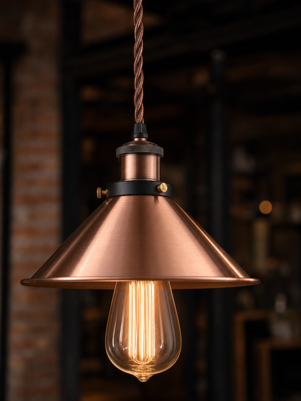 Close-up detail of the Wapping pendant light showing polished copper cone shade and twisted fabric cable