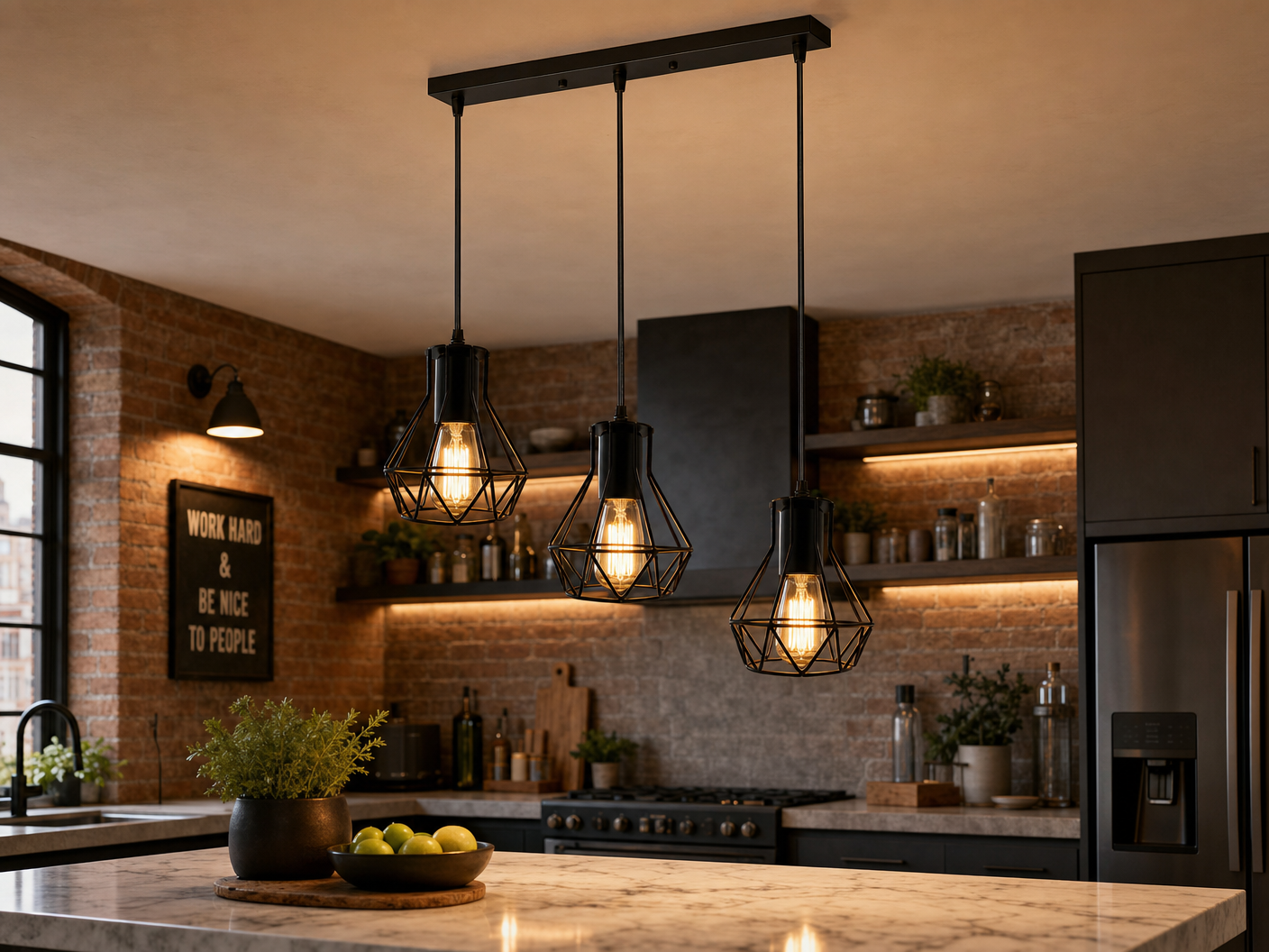 Whitechapel 3-light wireframe cage ceiling bar above kitchen island with exposed brick