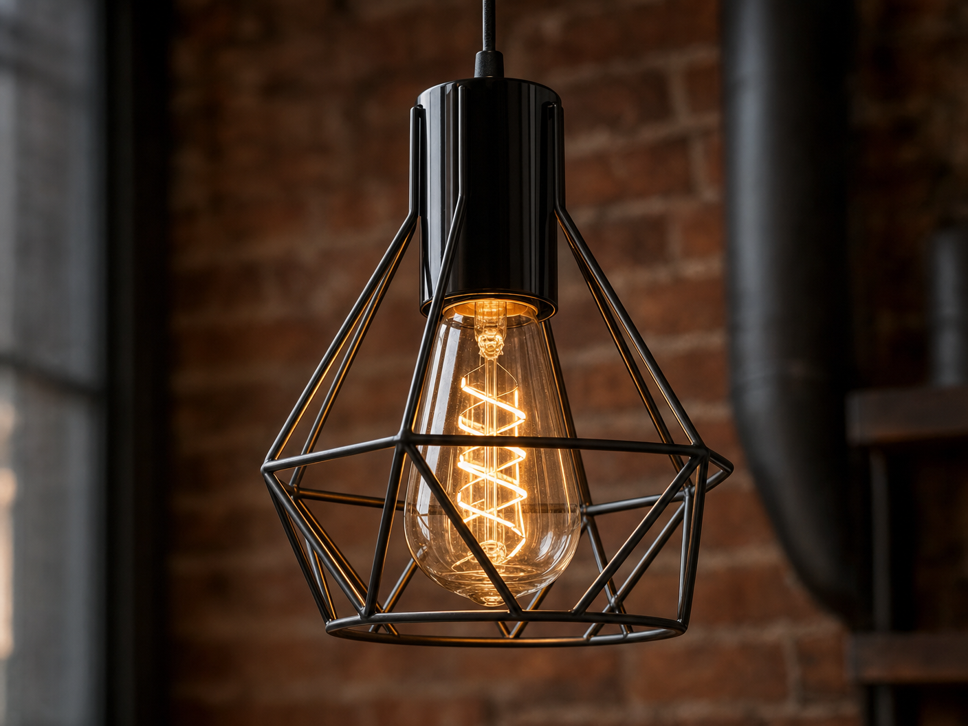 Close-up of Whitechapel diamond wireframe cage shade with Edison filament bulb