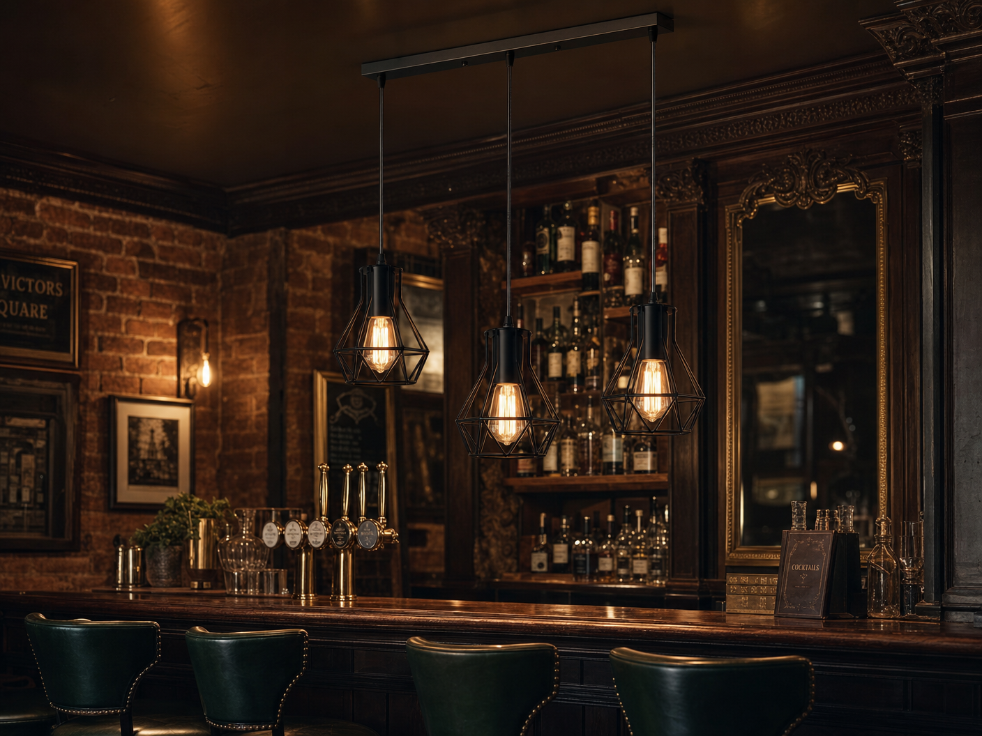 Whitechapel 3-light cage bar pendant above Victorian pub counter with brass taps