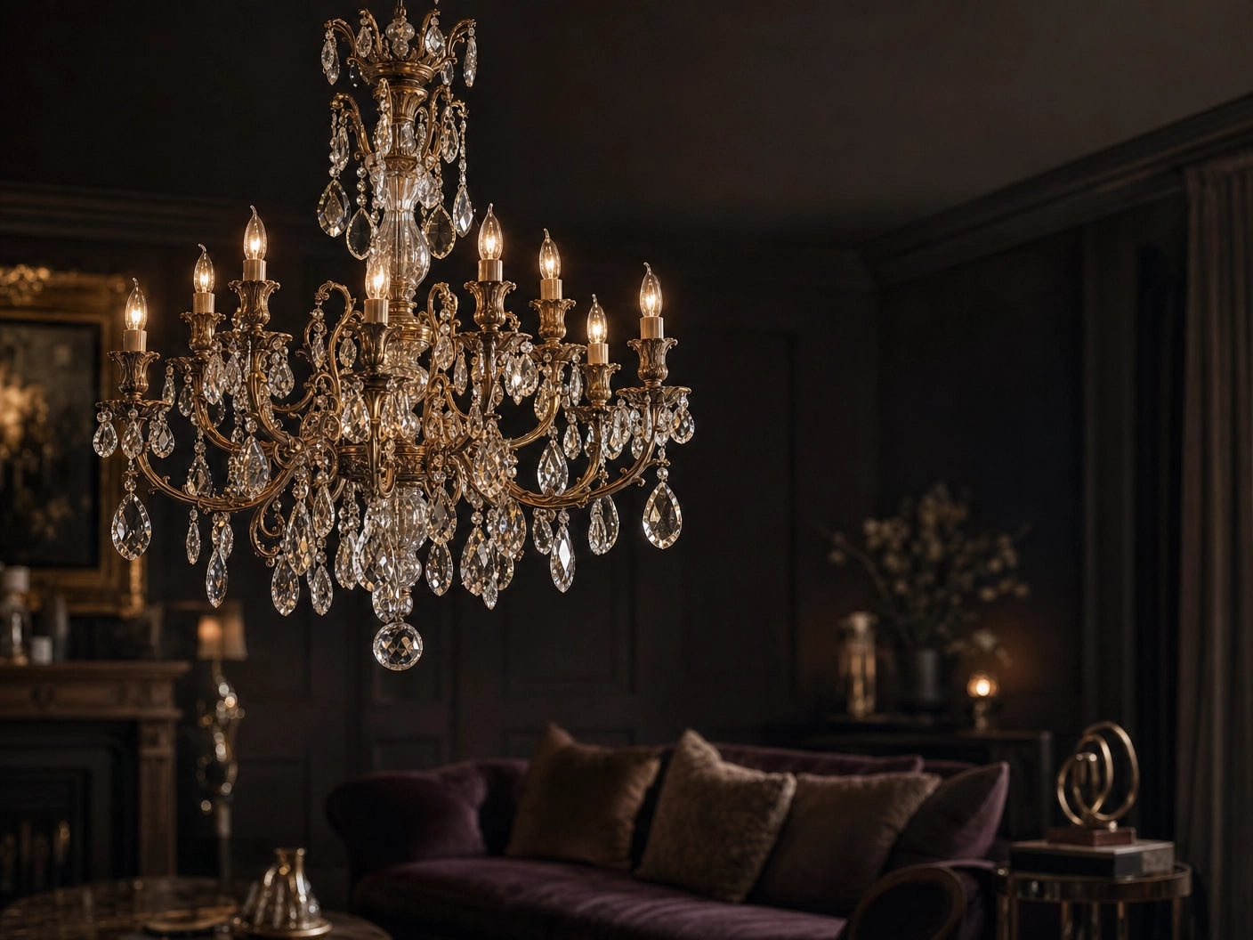 Ornate crystal and aged-brass chandelier glowing as the focal point of a refined residential living room